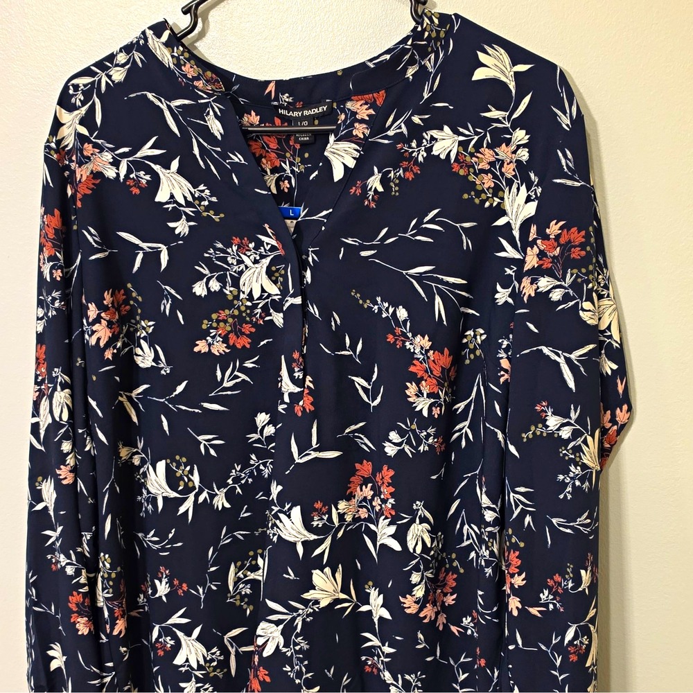 Hilary Radley Navy Floral V-Neck Long Sleeve Pullover Blouse Size L #283